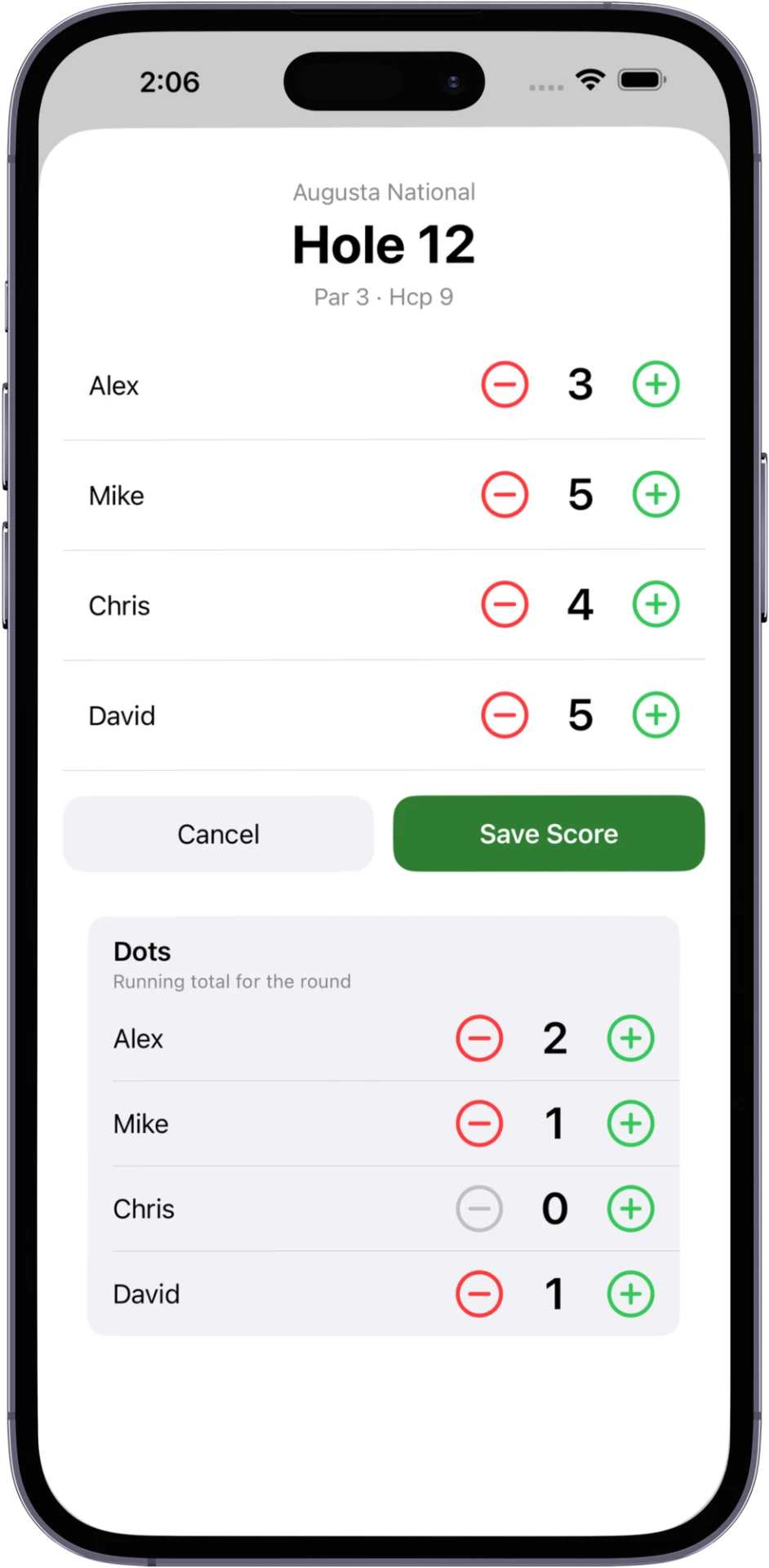 Enter hole scores and add dots