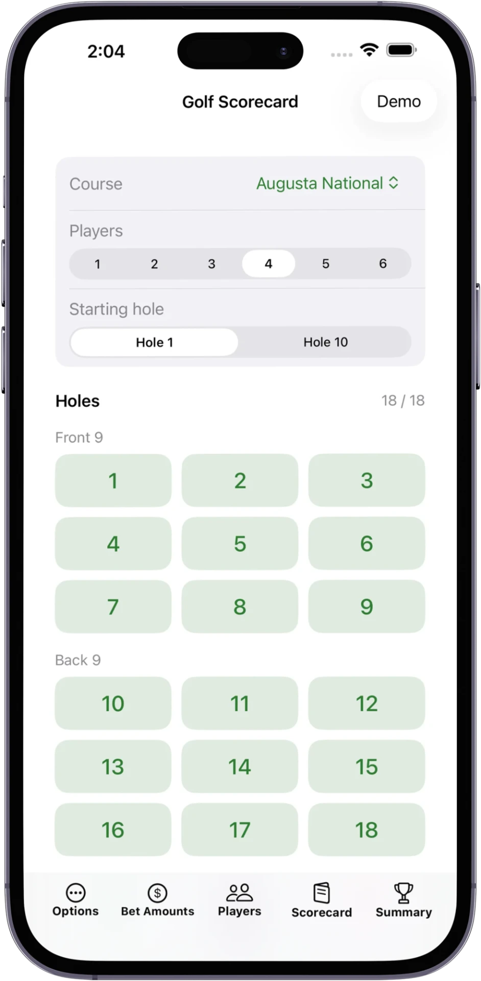 Set up your course, players, and starting hole